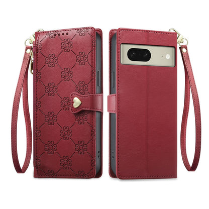 For Google Pixel 8 Zipper Wallet Heart Buckle Vegan Leather Phone Case with Wrist Strap(Red)