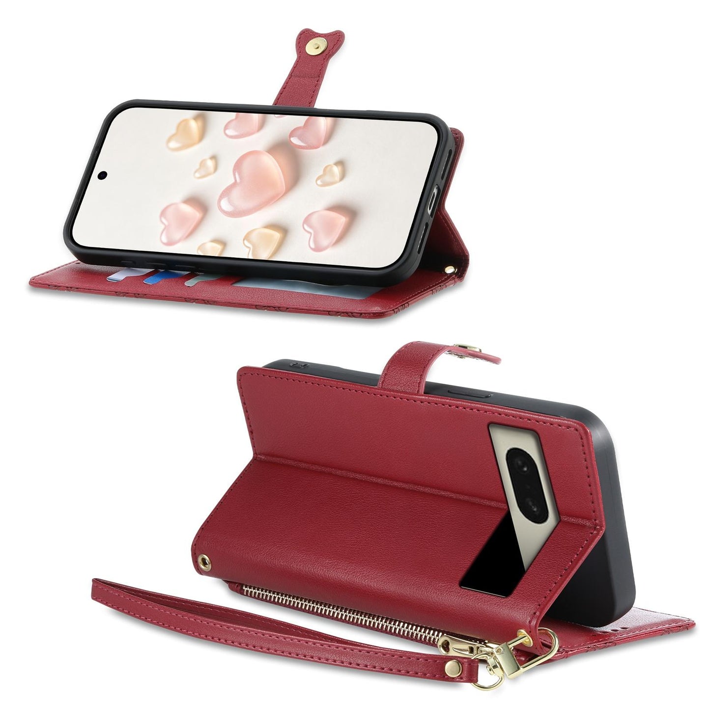 For Google Pixel 8 Zipper Wallet Heart Buckle Vegan Leather Phone Case with Wrist Strap(Red)