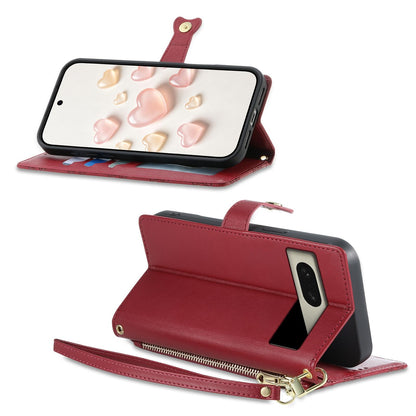 For Google Pixel 8 Zipper Wallet Heart Buckle Vegan Leather Phone Case with Wrist Strap(Red)