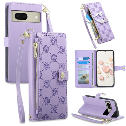 For Google Pixel 8 Zipper Wallet Heart Buckle Vegan Leather Phone Case with Wrist Strap(Purple)