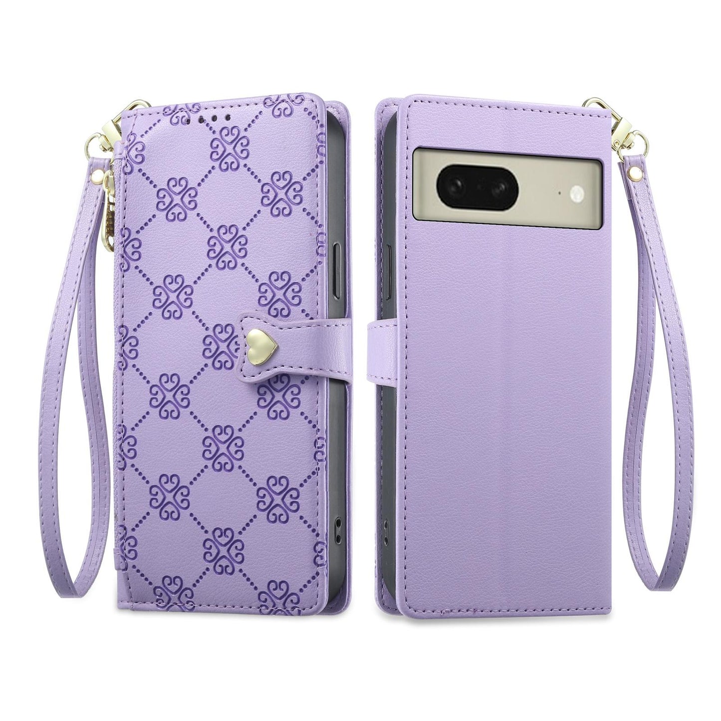 For Google Pixel 8 Zipper Wallet Heart Buckle Vegan Leather Phone Case with Wrist Strap(Purple)