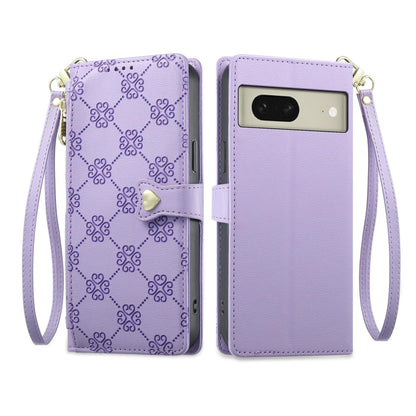 For Google Pixel 8 Zipper Wallet Heart Buckle Vegan Leather Phone Case with Wrist Strap(Purple)