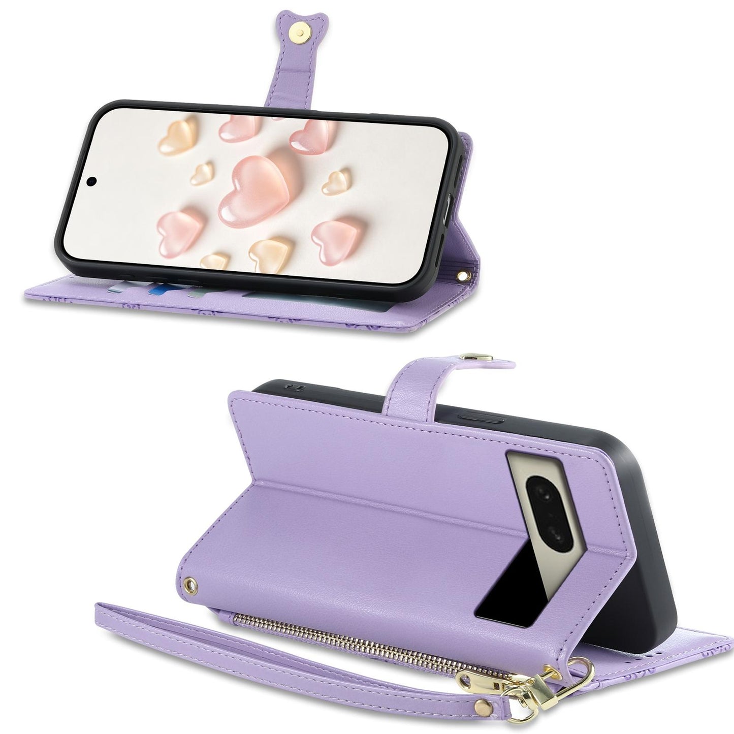 For Google Pixel 8 Zipper Wallet Heart Buckle Vegan Leather Phone Case with Wrist Strap(Purple)