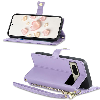 For Google Pixel 8 Zipper Wallet Heart Buckle Vegan Leather Phone Case with Wrist Strap(Purple)