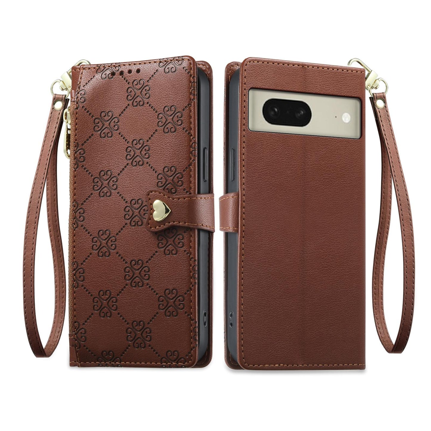 For Google Pixel 8 Zipper Wallet Heart Buckle Vegan Leather Phone Case with Wrist Strap(Brown)