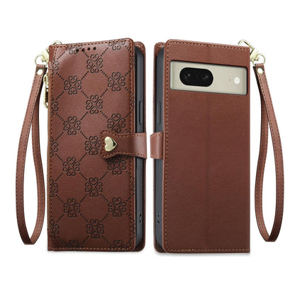 For Google Pixel 8 Zipper Wallet Heart Buckle Vegan Leather Phone Case with Wrist Strap(Brown)