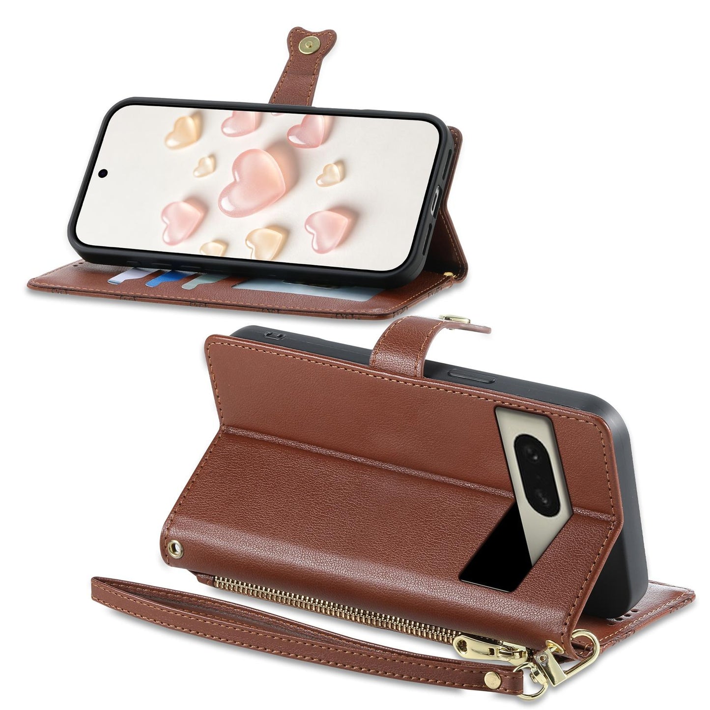For Google Pixel 8 Zipper Wallet Heart Buckle Vegan Leather Phone Case with Wrist Strap(Brown)