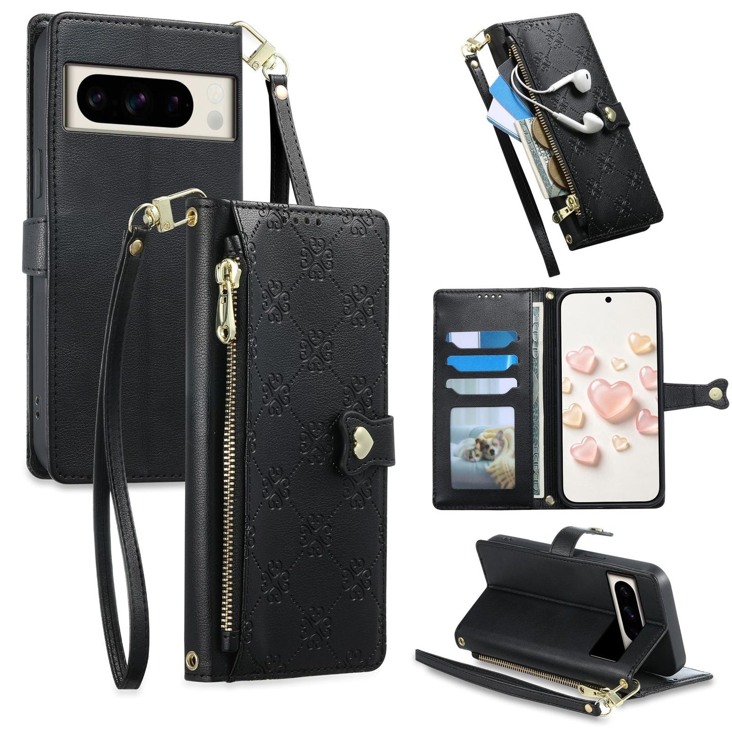 For Google Pixel 8 Pro Zipper Wallet Heart Buckle Vegan Leather Phone Case with Wrist Strap(Black)