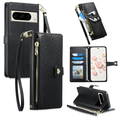 For Google Pixel 8 Pro Zipper Wallet Heart Buckle Vegan Leather Phone Case with Wrist Strap(Black)