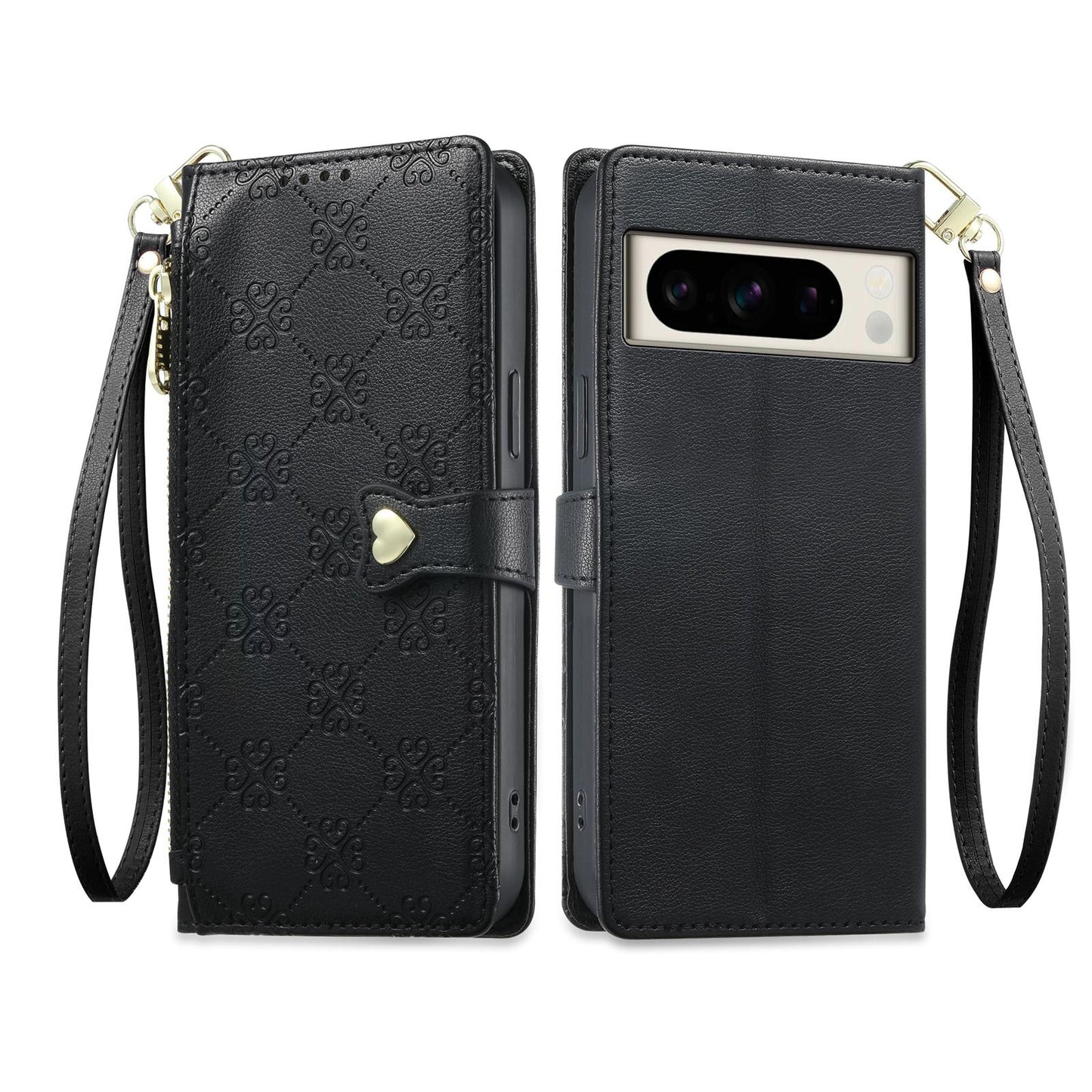 For Google Pixel 8 Pro Zipper Wallet Heart Buckle Vegan Leather Phone Case with Wrist Strap(Black)