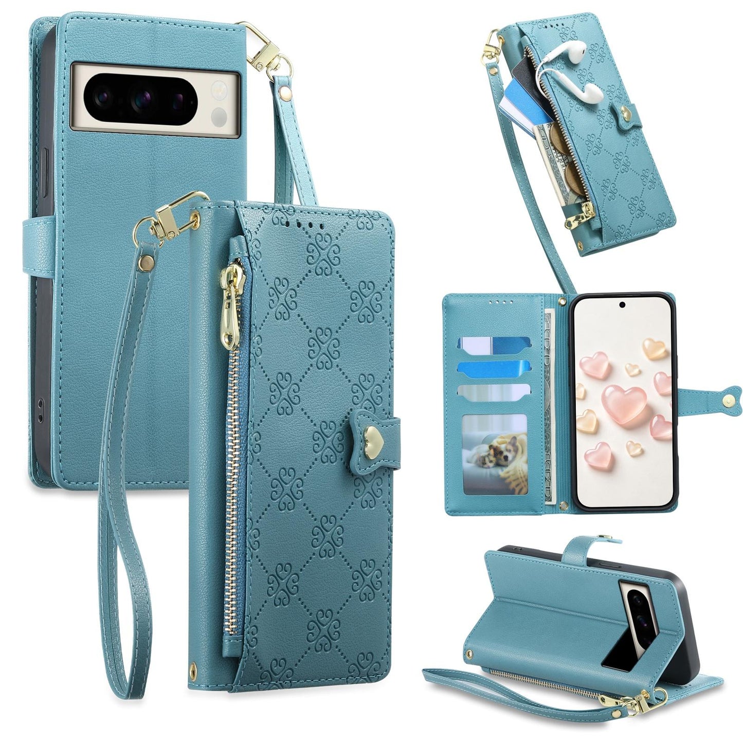 For Google Pixel 8 Pro Zipper Wallet Heart Buckle Vegan Leather Phone Case with Wrist Strap(Lake Blue)