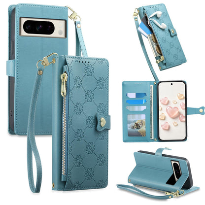 For Google Pixel 8 Pro Zipper Wallet Heart Buckle Vegan Leather Phone Case with Wrist Strap(Lake Blue)