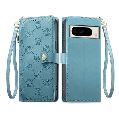 For Google Pixel 8 Pro Zipper Wallet Heart Buckle Vegan Leather Phone Case with Wrist Strap(Lake Blue)