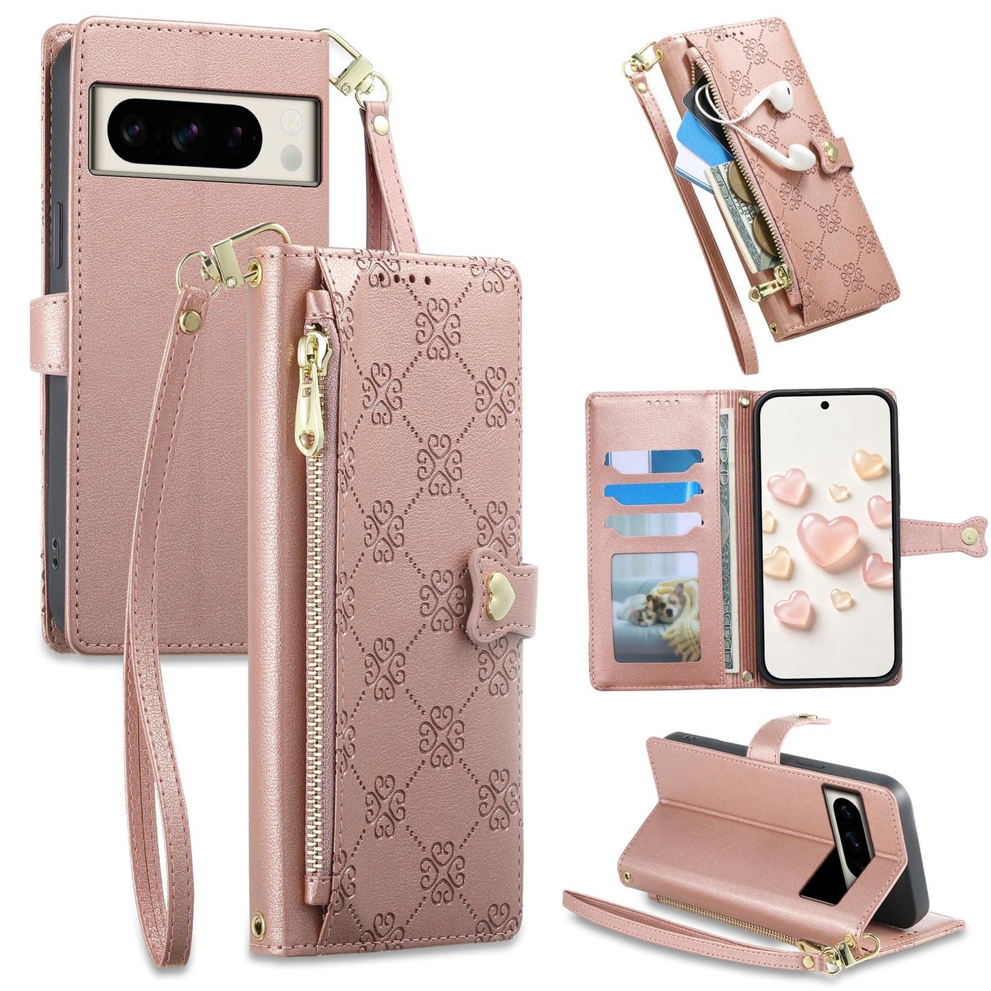 For Google Pixel 8 Pro Zipper Wallet Heart Buckle Vegan Leather Phone Case with Wrist Strap(Pink)