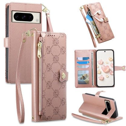 For Google Pixel 8 Pro Zipper Wallet Heart Buckle Vegan Leather Phone Case with Wrist Strap(Pink)