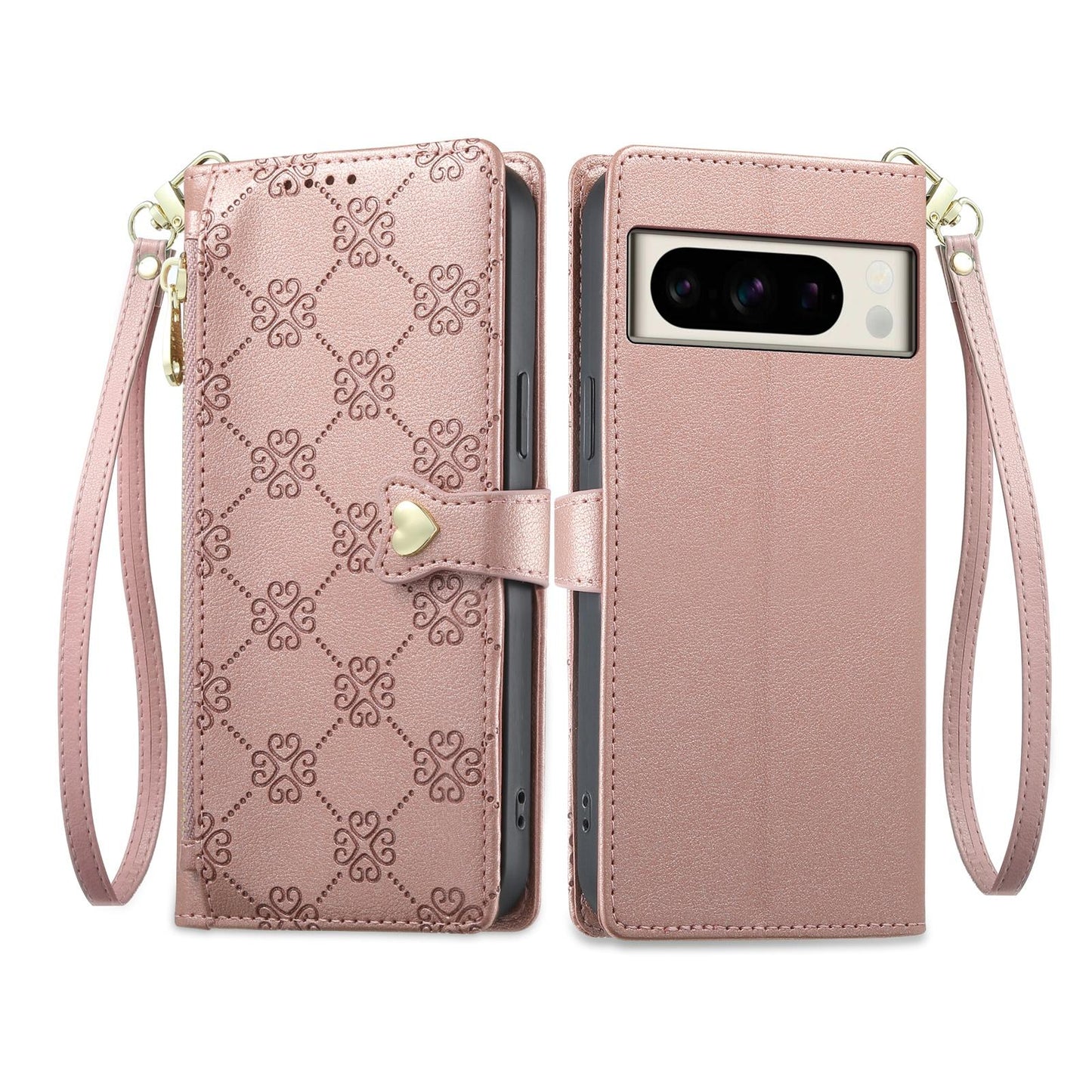 For Google Pixel 8 Pro Zipper Wallet Heart Buckle Vegan Leather Phone Case with Wrist Strap(Pink)