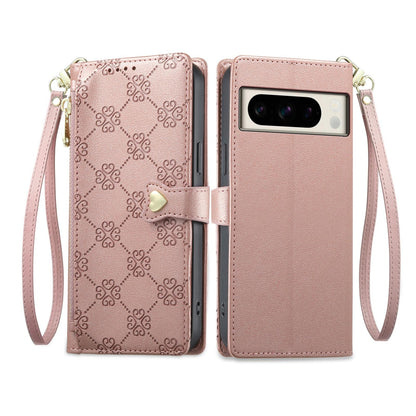 For Google Pixel 8 Pro Zipper Wallet Heart Buckle Vegan Leather Phone Case with Wrist Strap(Pink)