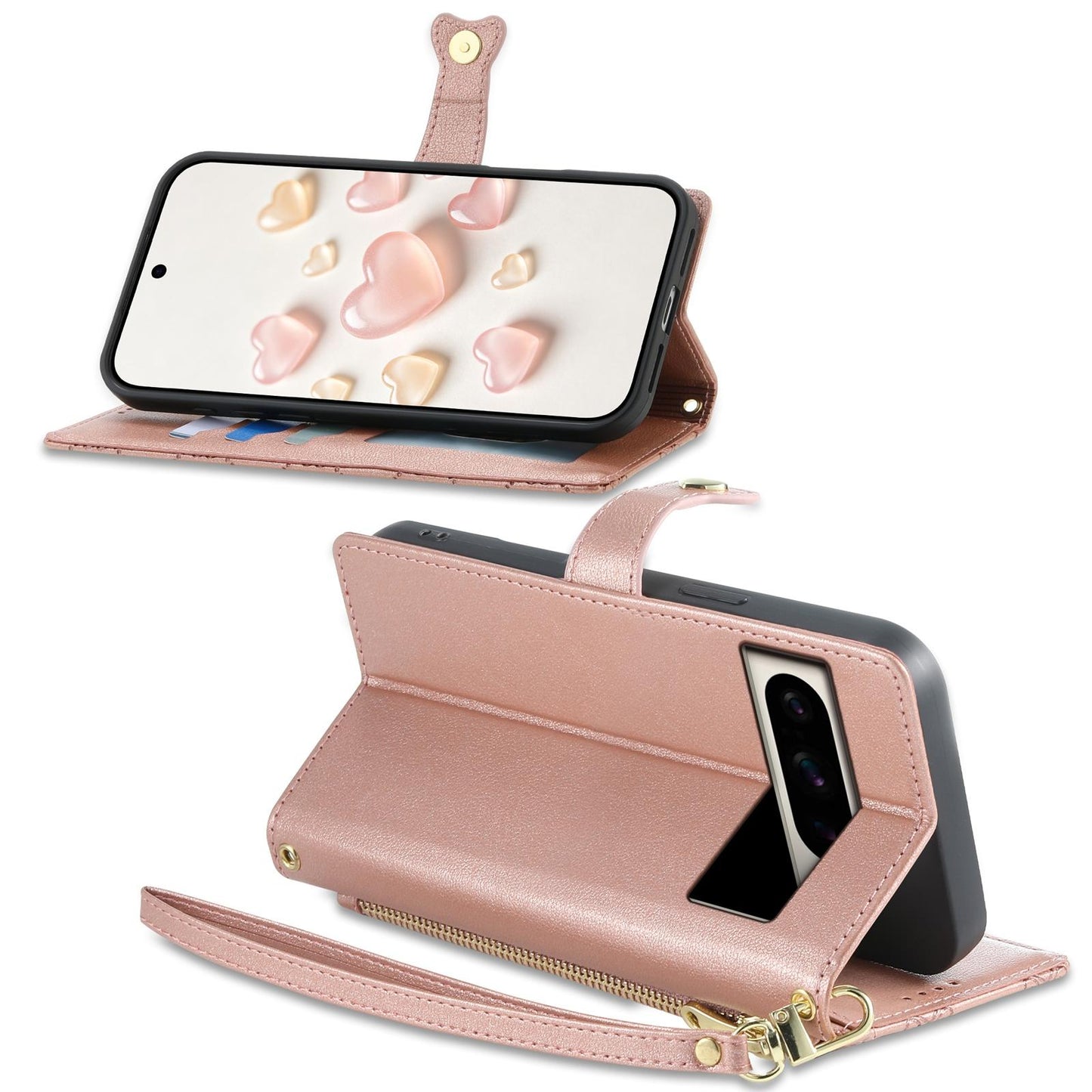 For Google Pixel 8 Pro Zipper Wallet Heart Buckle Vegan Leather Phone Case with Wrist Strap(Pink)