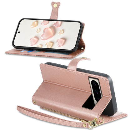 For Google Pixel 8 Pro Zipper Wallet Heart Buckle Vegan Leather Phone Case with Wrist Strap(Pink)