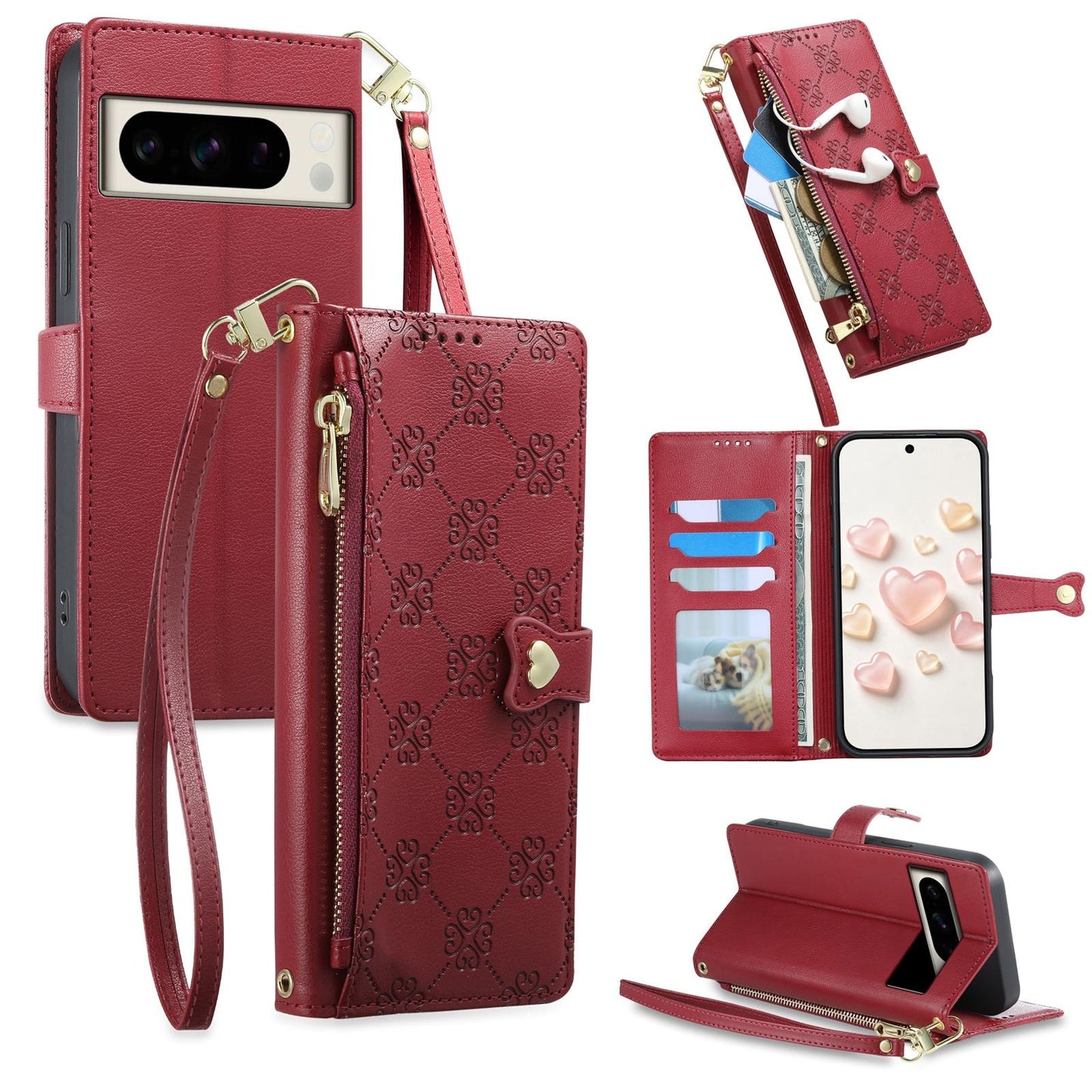 For Google Pixel 8 Pro Zipper Wallet Heart Buckle Vegan Leather Phone Case with Wrist Strap(Red)