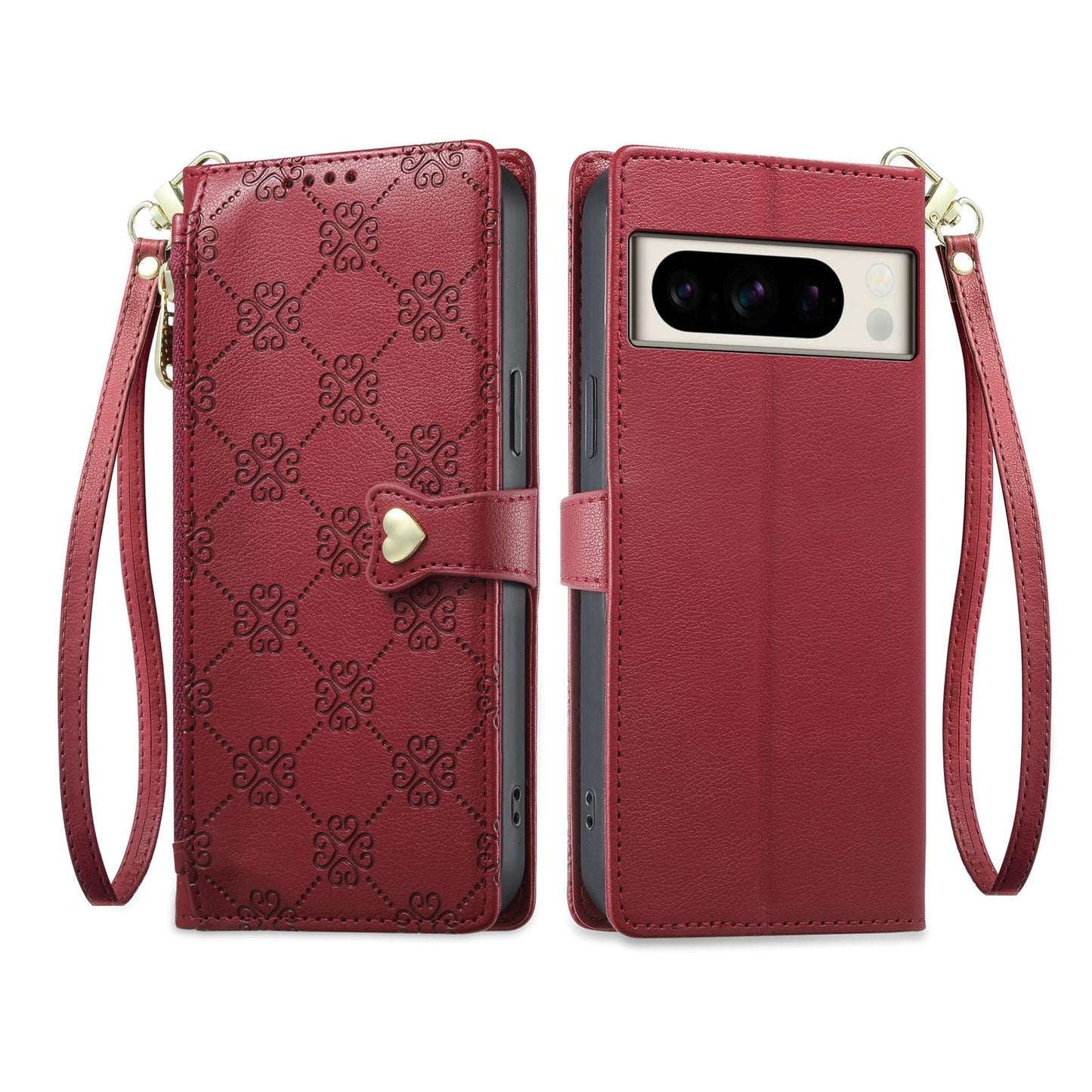 For Google Pixel 8 Pro Zipper Wallet Heart Buckle Vegan Leather Phone Case with Wrist Strap(Red)