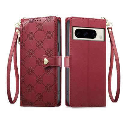 For Google Pixel 8 Pro Zipper Wallet Heart Buckle Vegan Leather Phone Case with Wrist Strap(Red)