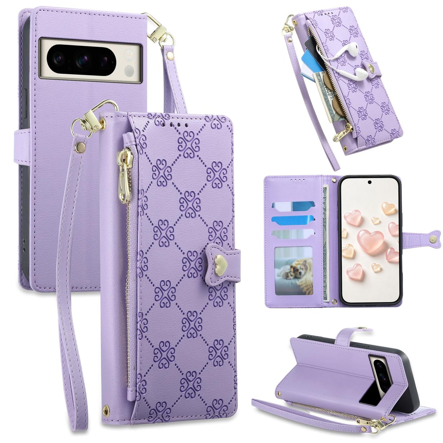 For Google Pixel 8 Pro Zipper Wallet Heart Buckle Vegan Leather Phone Case with Wrist Strap(Purple)