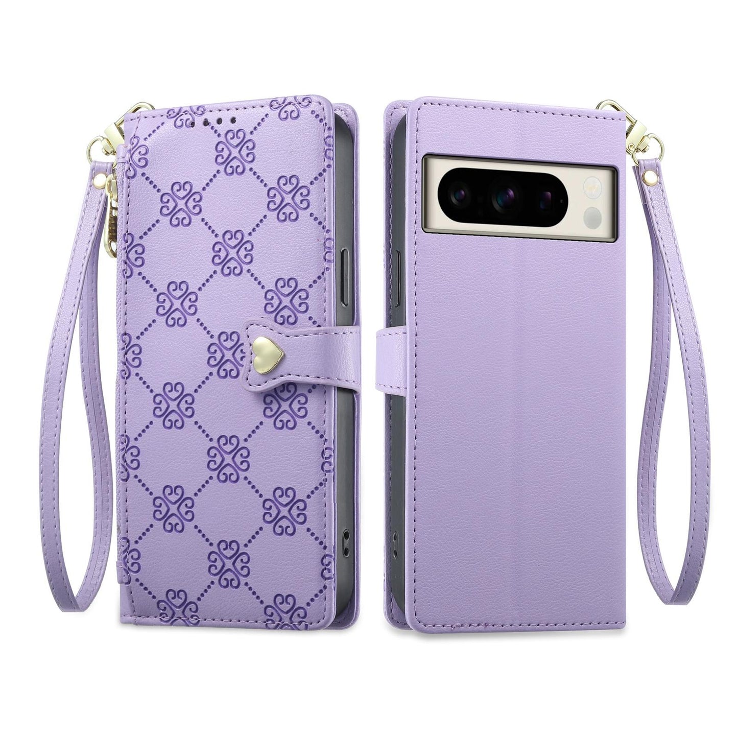 For Google Pixel 8 Pro Zipper Wallet Heart Buckle Vegan Leather Phone Case with Wrist Strap(Purple)