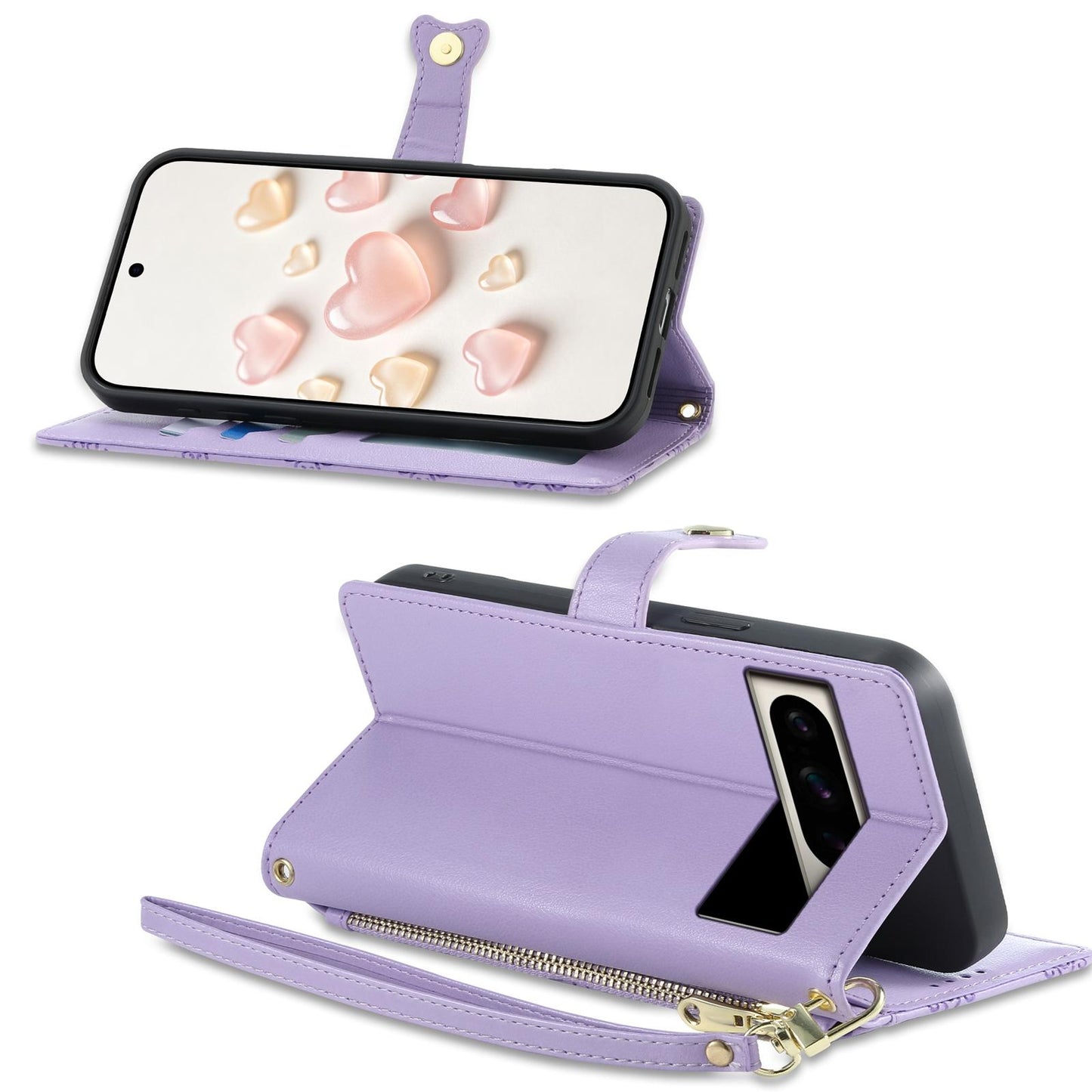 For Google Pixel 8 Pro Zipper Wallet Heart Buckle Vegan Leather Phone Case with Wrist Strap(Purple)