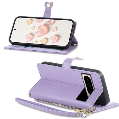 For Google Pixel 8 Pro Zipper Wallet Heart Buckle Vegan Leather Phone Case with Wrist Strap(Purple)