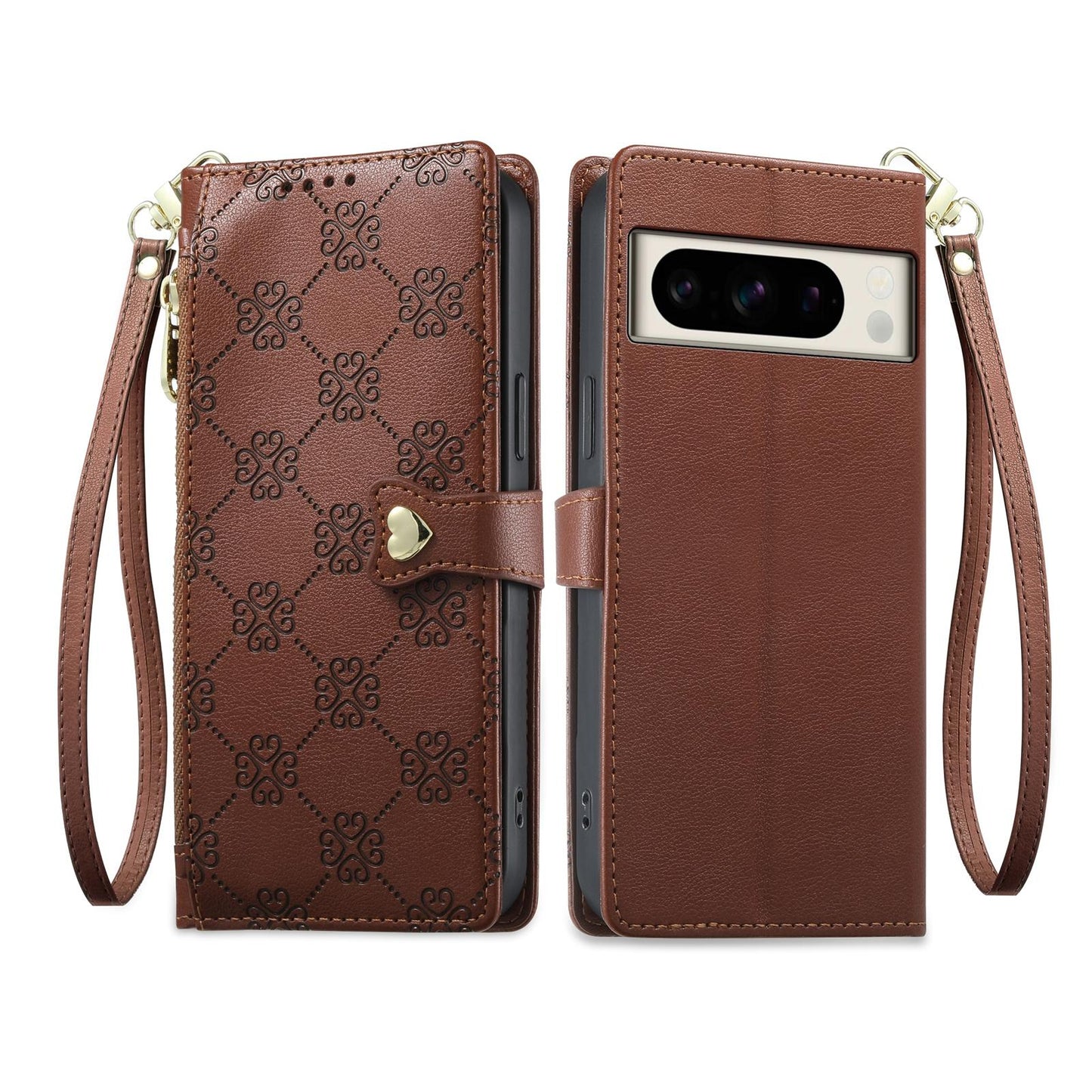 For Google Pixel 8 Pro Zipper Wallet Heart Buckle Vegan Leather Phone Case with Wrist Strap(Brown)