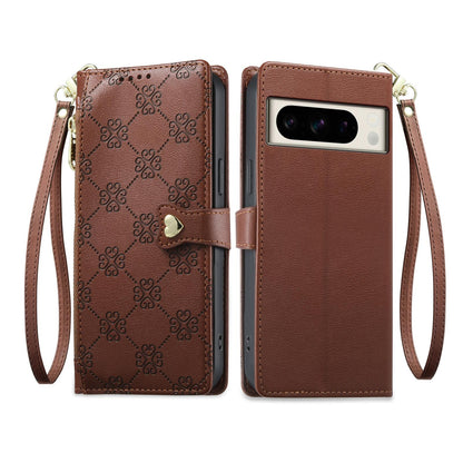 For Google Pixel 8 Pro Zipper Wallet Heart Buckle Vegan Leather Phone Case with Wrist Strap(Brown)