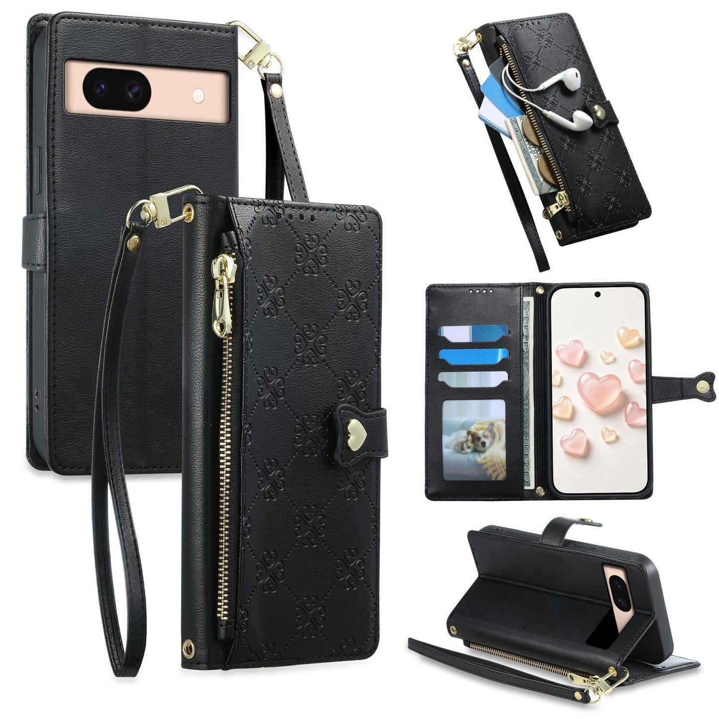 For Google Pixel 8a Zipper Wallet Heart Buckle Vegan Leather Phone Case with Wrist Strap(Black)