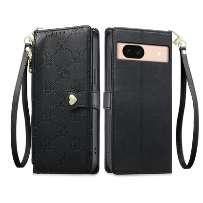 For Google Pixel 8a Zipper Wallet Heart Buckle Vegan Leather Phone Case with Wrist Strap(Black)