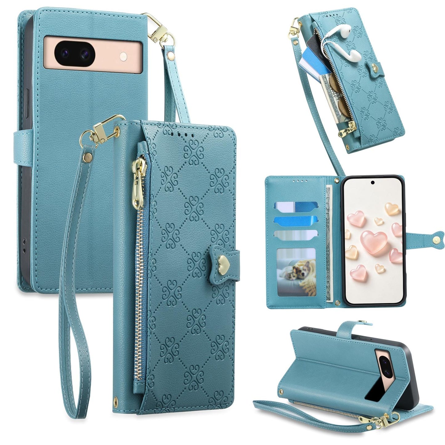 For Google Pixel 8a Zipper Wallet Heart Buckle Vegan Leather Phone Case with Wrist Strap(Lake Blue)