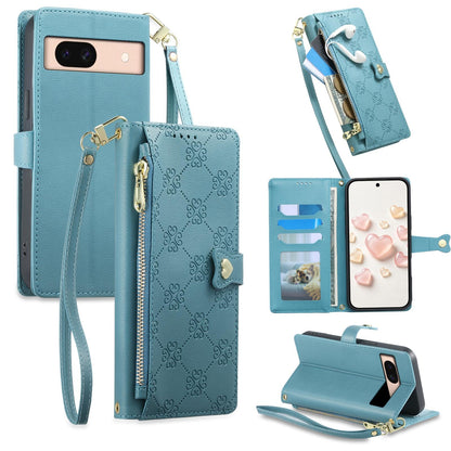 For Google Pixel 8a Zipper Wallet Heart Buckle Vegan Leather Phone Case with Wrist Strap(Lake Blue)