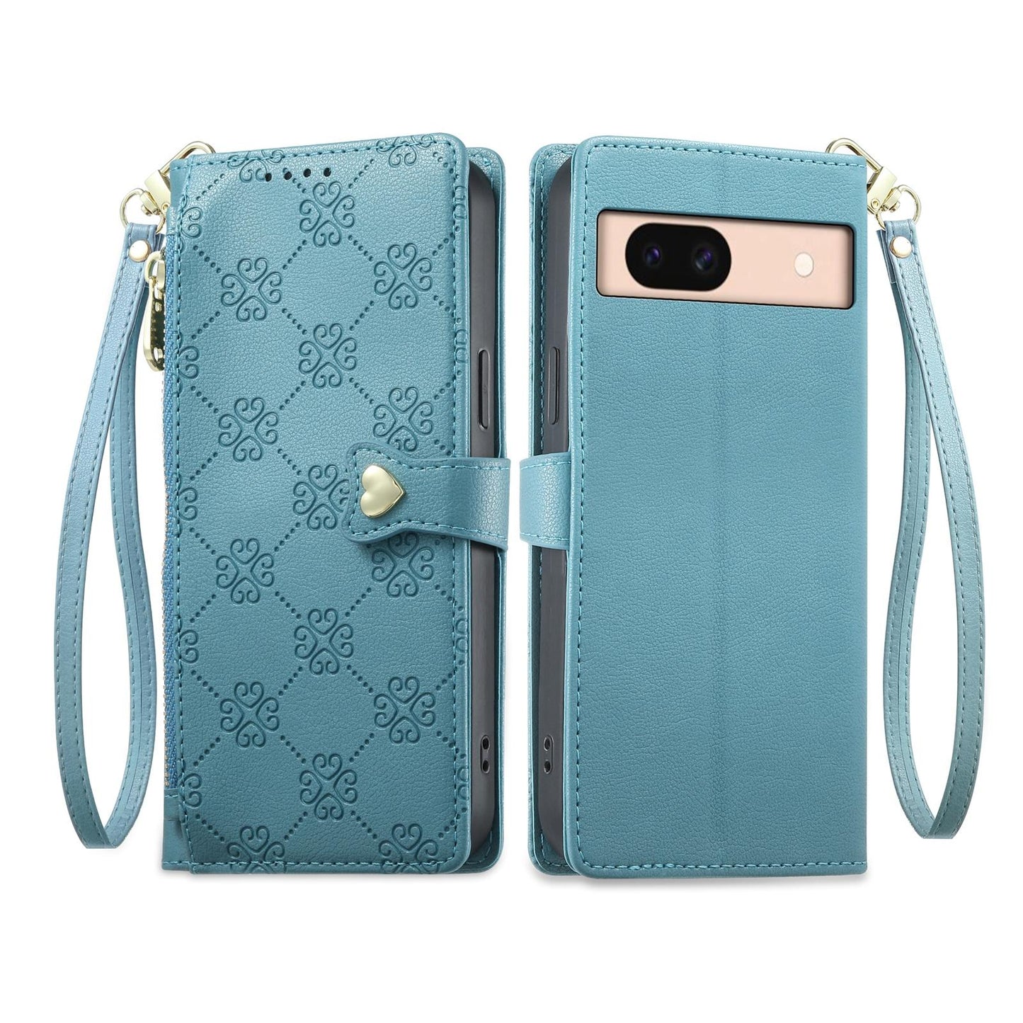For Google Pixel 8a Zipper Wallet Heart Buckle Vegan Leather Phone Case with Wrist Strap(Lake Blue)