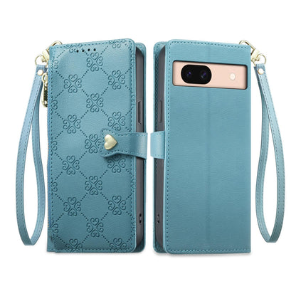 For Google Pixel 8a Zipper Wallet Heart Buckle Vegan Leather Phone Case with Wrist Strap(Lake Blue)