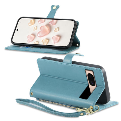 For Google Pixel 8a Zipper Wallet Heart Buckle Vegan Leather Phone Case with Wrist Strap(Lake Blue)