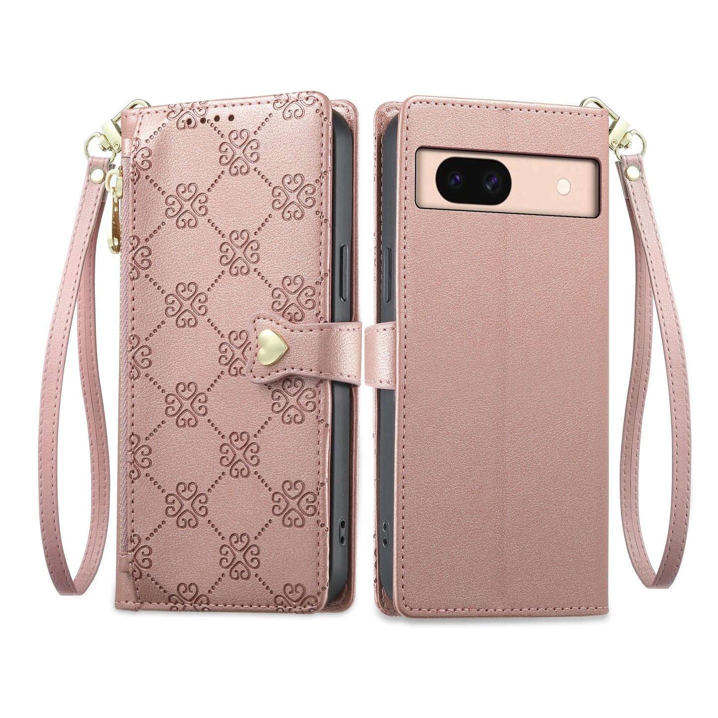 For Google Pixel 8a Zipper Wallet Heart Buckle Vegan Leather Phone Case with Wrist Strap(Pink)
