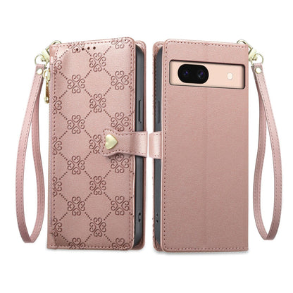 For Google Pixel 8a Zipper Wallet Heart Buckle Vegan Leather Phone Case with Wrist Strap(Pink)