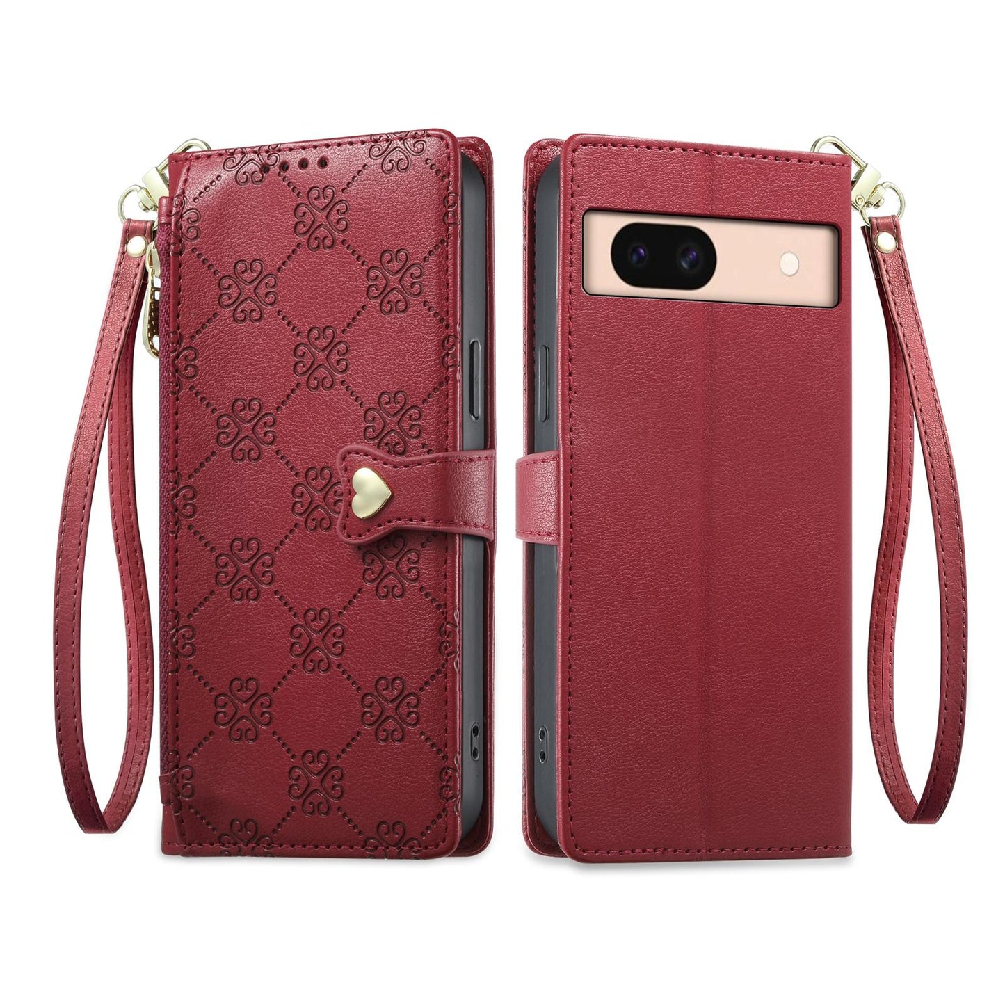 For Google Pixel 8a Zipper Wallet Heart Buckle Vegan Leather Phone Case with Wrist Strap(Red)