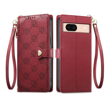 For Google Pixel 8a Zipper Wallet Heart Buckle Vegan Leather Phone Case with Wrist Strap(Red)