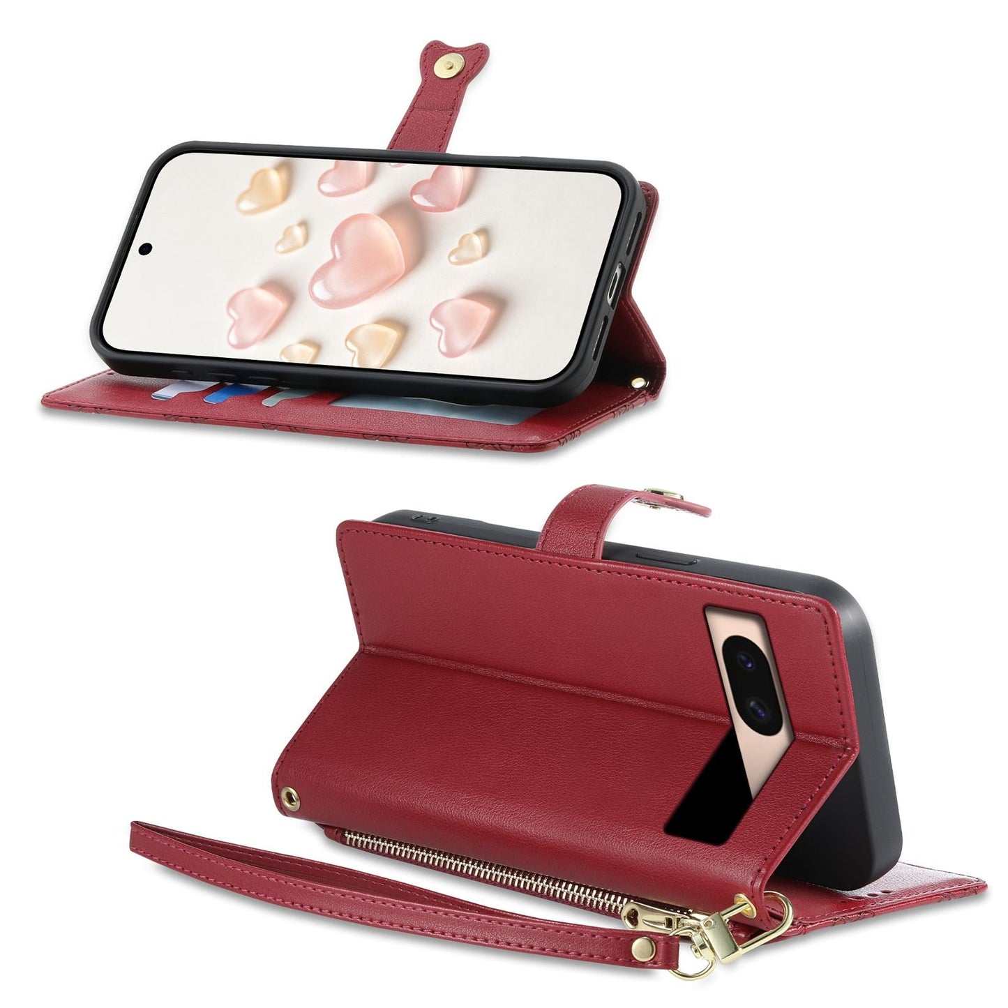 For Google Pixel 8a Zipper Wallet Heart Buckle Vegan Leather Phone Case with Wrist Strap(Red)