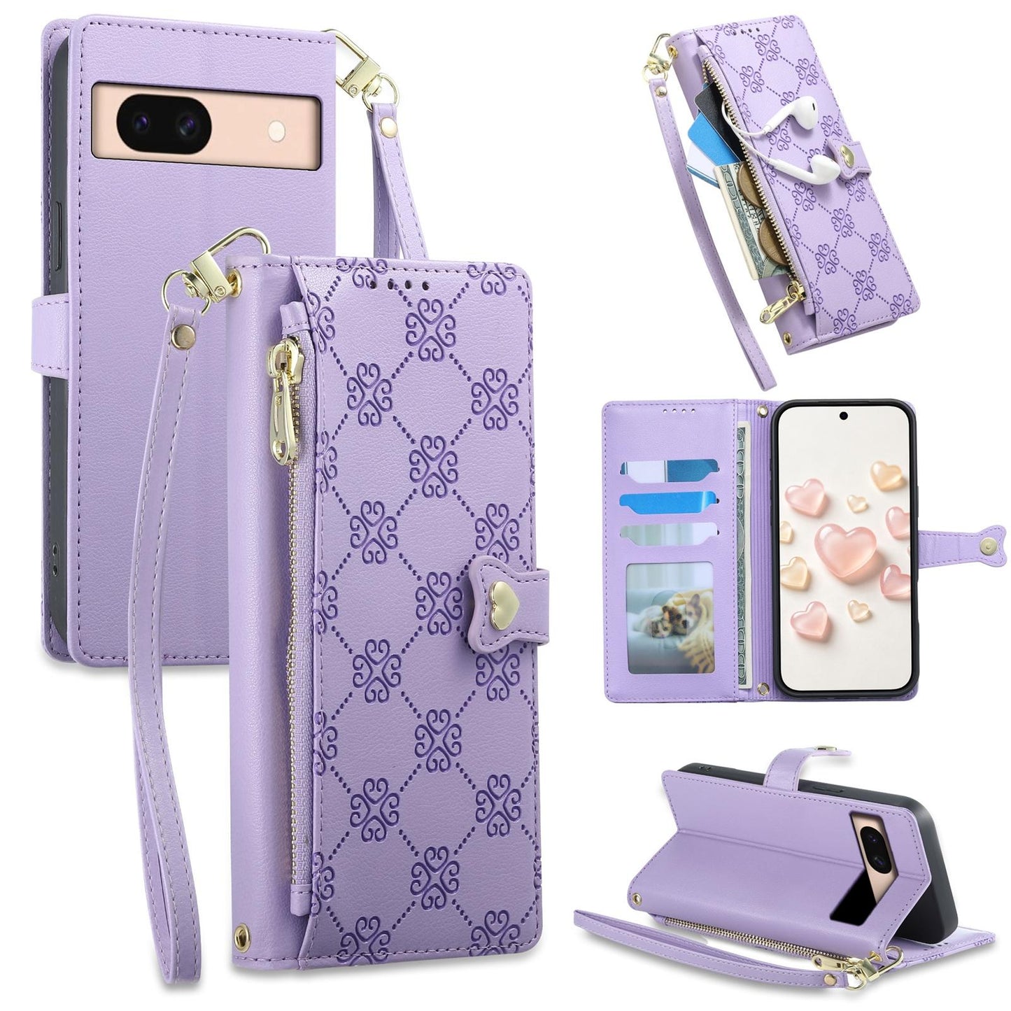 For Google Pixel 8a Zipper Wallet Heart Buckle Vegan Leather Phone Case with Wrist Strap(Purple)