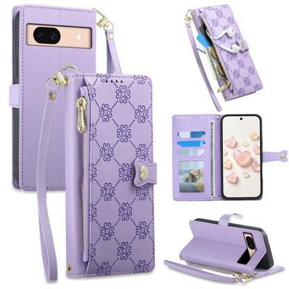 For Google Pixel 8a Zipper Wallet Heart Buckle Vegan Leather Phone Case with Wrist Strap(Purple)