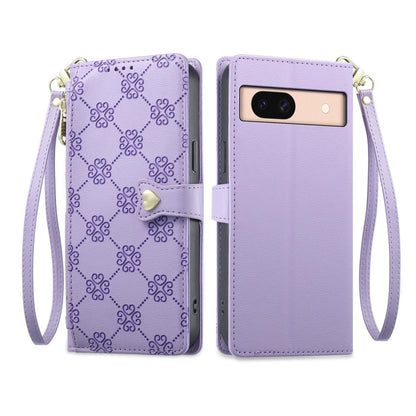 For Google Pixel 8a Zipper Wallet Heart Buckle Vegan Leather Phone Case with Wrist Strap(Purple)
