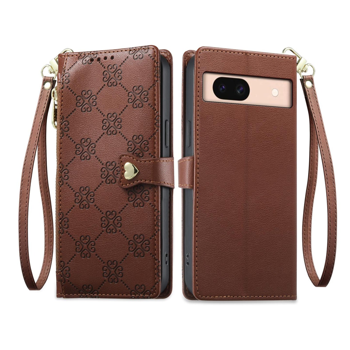 For Google Pixel 8a Zipper Wallet Heart Buckle Vegan Leather Phone Case with Wrist Strap(Brown)