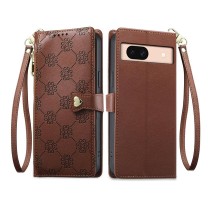 For Google Pixel 8a Zipper Wallet Heart Buckle Vegan Leather Phone Case with Wrist Strap(Brown)