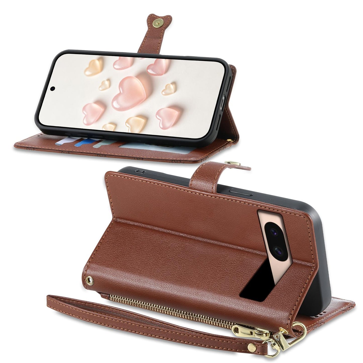 For Google Pixel 8a Zipper Wallet Heart Buckle Vegan Leather Phone Case with Wrist Strap(Brown)